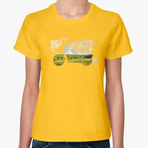 Женская футболка с принтом Пейзаж мотоцикла