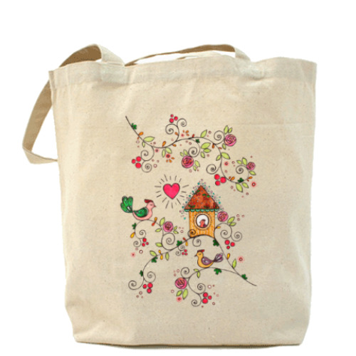 Сумка шоппер с принтом Птички, сердечко, домик