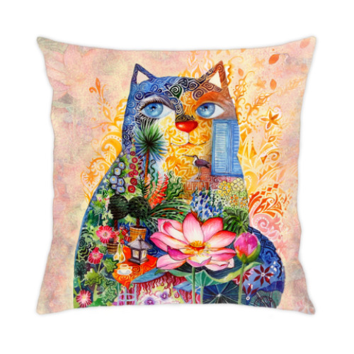 Подушка с принтом кот с лотосом