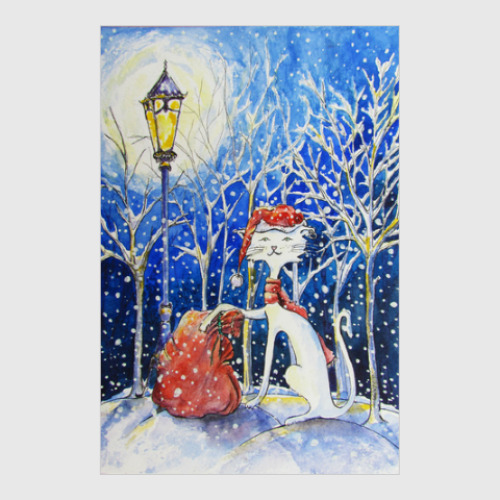 Постер с принтом Новогодний кот с серьгой в ухе