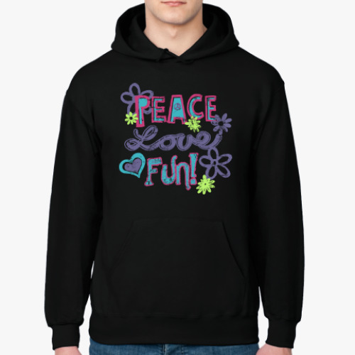 Толстовка худи с принтом Мир, Любовь, Веселье!