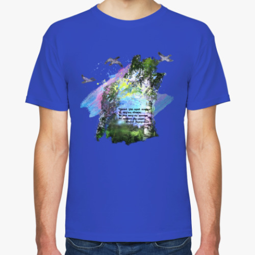 Футболка с принтом Птицы. Небо. Полет. Свобода. Простор. Березы.