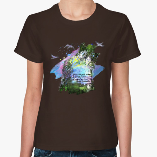 Женская футболка с принтом Птицы. Небо. Полет. Свобода. Простор. Березы.