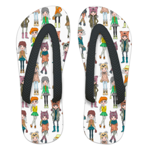 Шлепанцы (сланцы) с принтом Девочки в шапках