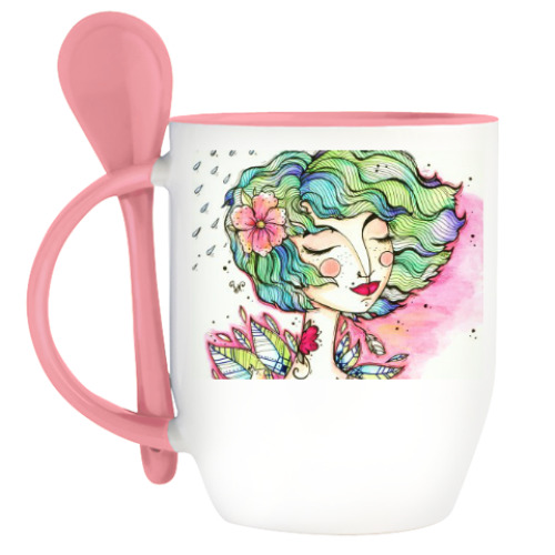 Кружка с ложкой с принтом Весна