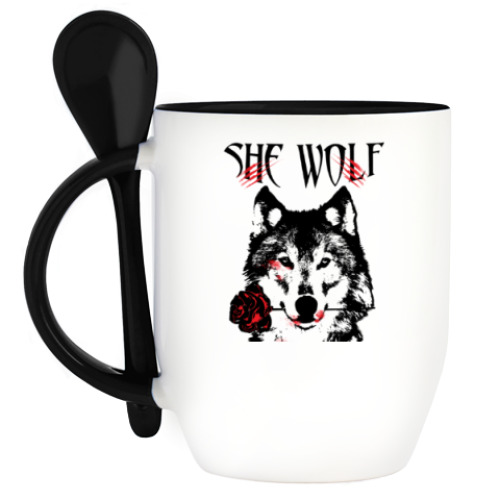 Кружка с ложкой с принтом She Wolf -  Волчица