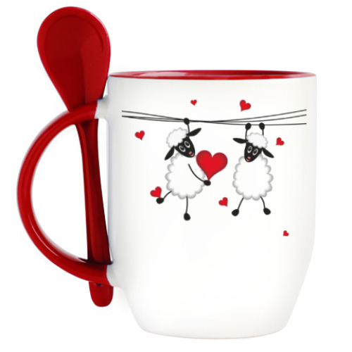 Кружка с ложкой с принтом Влюбленные овечки