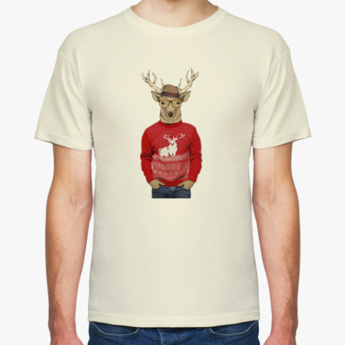 Футболка с принтом Олень хипстер в свитере и шляпе