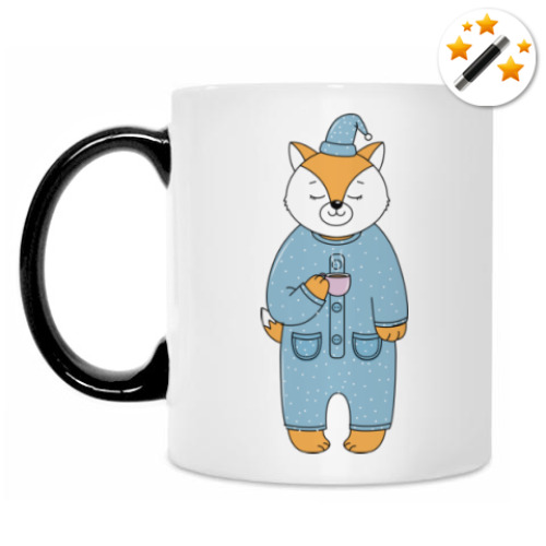 Кружка-хамелеон с принтом Лис с чашечкой утреннего кофе