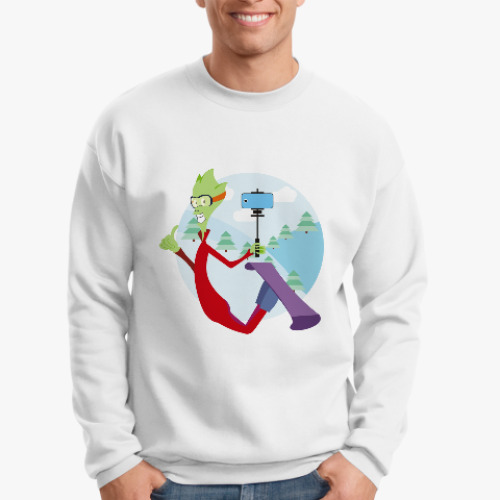 Свитшот с принтом Инопланетянин. Сноуборд. Селфи. Прикольный. Айфон