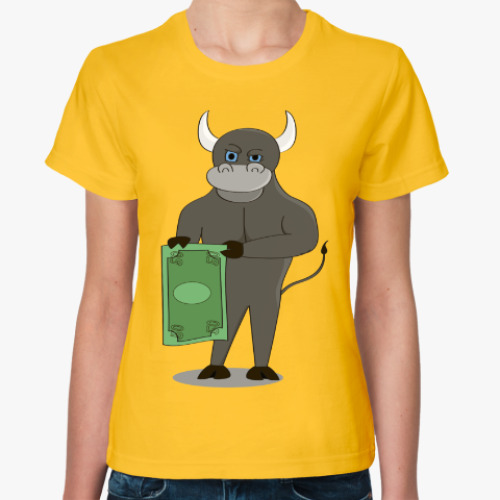Женская футболка с принтом Бык с долларом