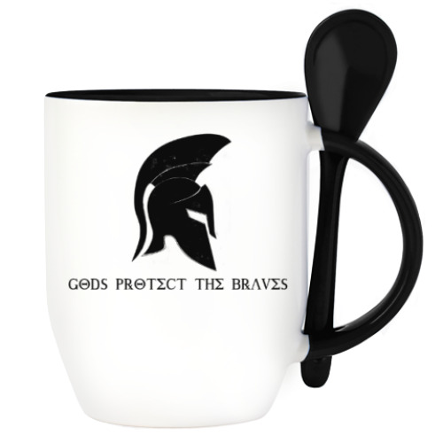 Кружка с ложкой с принтом Gods protect the braves,спарта