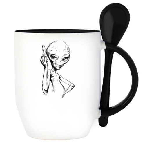 Кружка с ложкой с принтом смешной пришелец (funny alien)