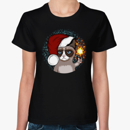 Женская футболка с принтом Новогодний грустный кот