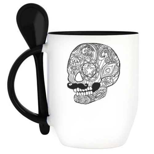 Кружка с ложкой с принтом Череп с усами