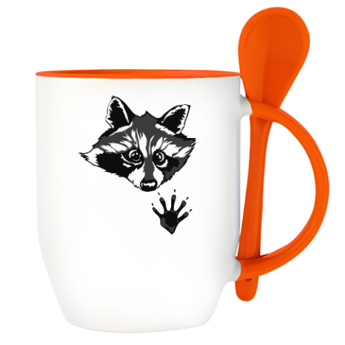Кружка с ложкой с принтом енот