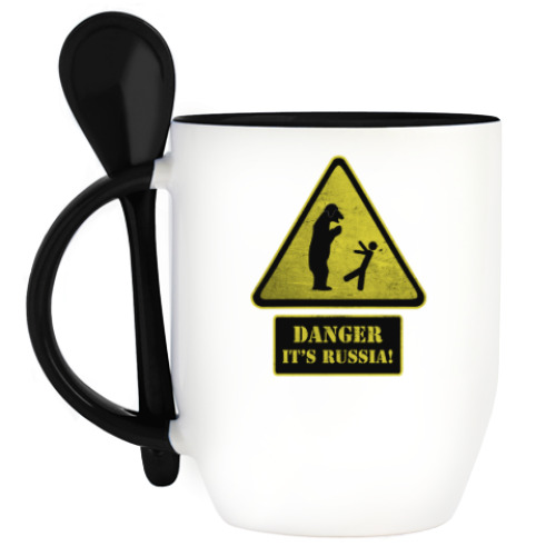 Кружка с ложкой с принтом Danger It's Russia