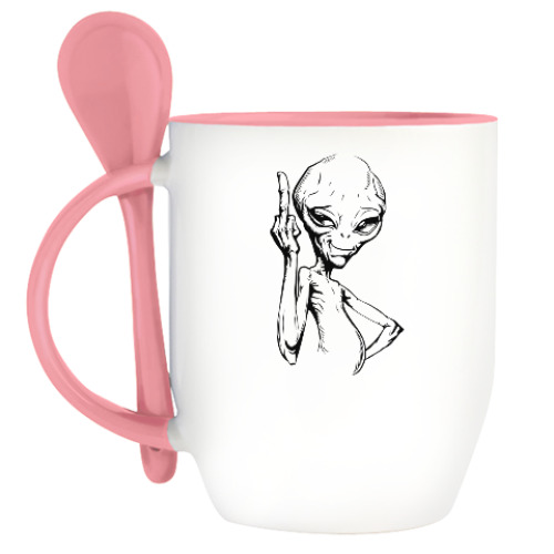 Кружка с ложкой смешной пришелец (funny alien)