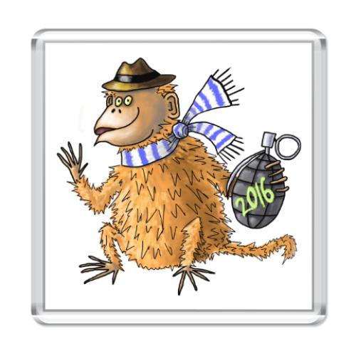 Магнит с принтом Новогодняя обезьяна с гранатой