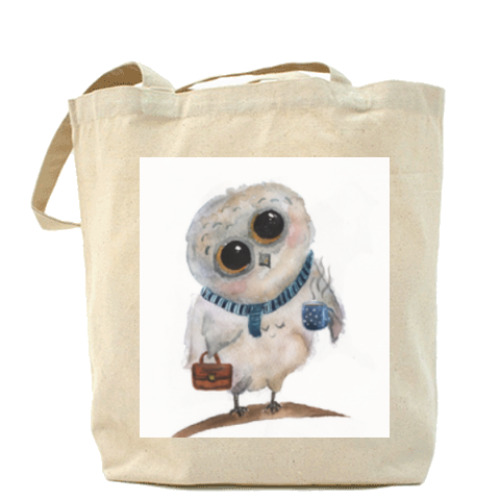 Сумка шоппер с принтом Совенок с чашкой кофе