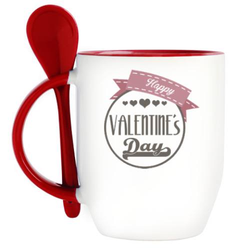 Кружка с ложкой с принтом Happy Valentine's Day