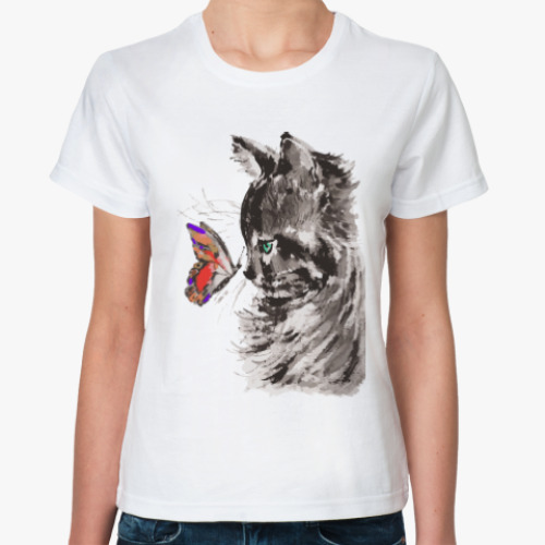 Классическая футболка с принтом Кот и бабочка
