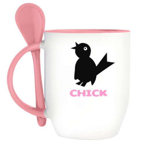Кружка с ложкой с принтом Птичка - чик