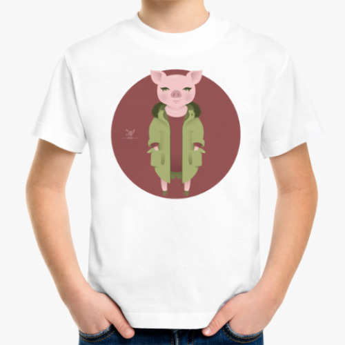 Детская футболка с принтом Animal Fashion: P is for Pig in parka