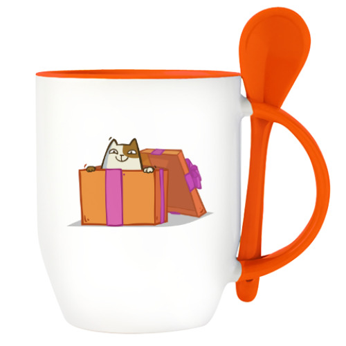 Кружка с ложкой с принтом Новокот — Пятничный Котик №36