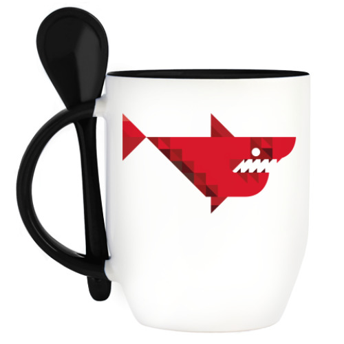 Кружка с ложкой с принтом акула (shark)