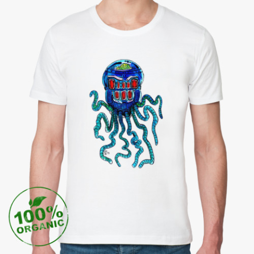 Футболка из органик-хлопка с принтом Осьминог. Киберпанк.