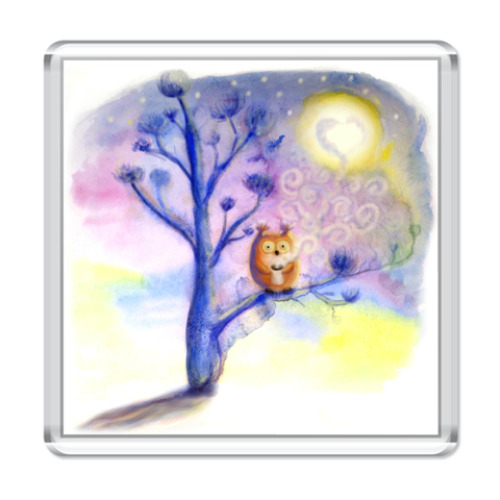 Магнит с принтом Сова пьет кофе