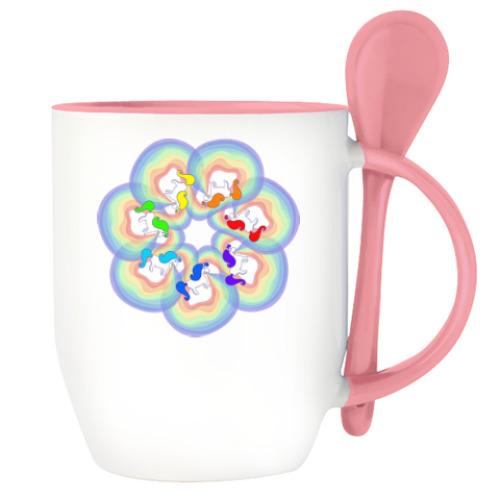 Кружка с ложкой с принтом Единороги и радуга