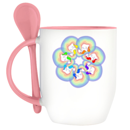 Кружка с ложкой с принтом Единороги и радуга