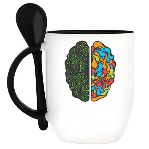 Кружка с ложкой с принтом Левое и Правое полушария Мозга