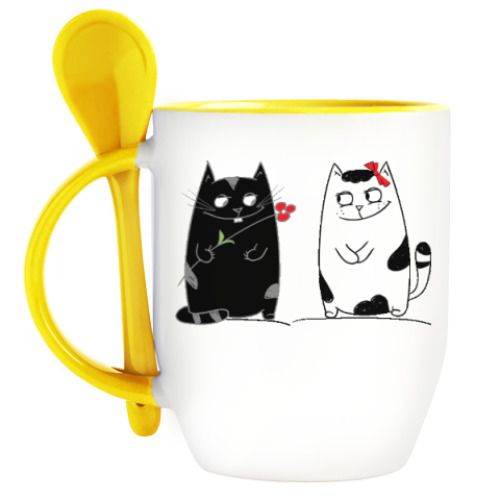Кружка с ложкой кот и кошка