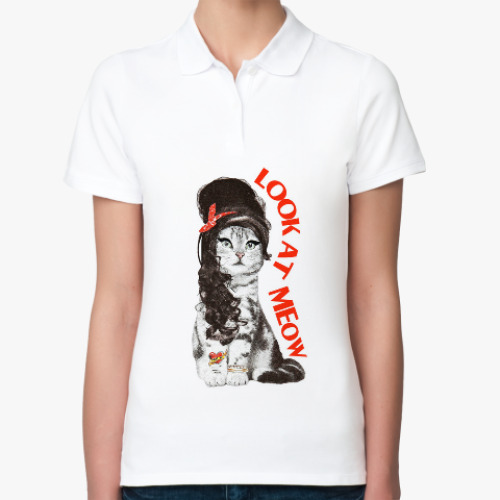 Женская рубашка поло (печать) с принтом Кошка модница