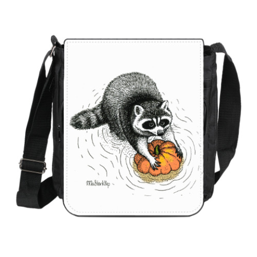 Сумка на плечо (мини-планшет) с принтом Енот с тыквой