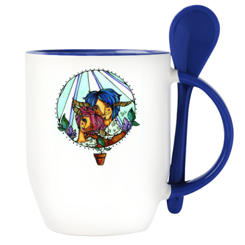 Кружка с ложкой с принтом Пара с розово-голубыми волосам