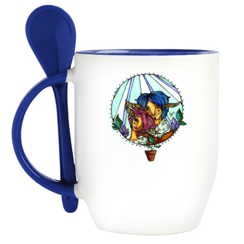 Кружка с ложкой с принтом Пара с розово-голубыми волосам