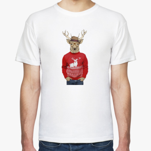 Футболка Олень хипстер в свитере и шляпе