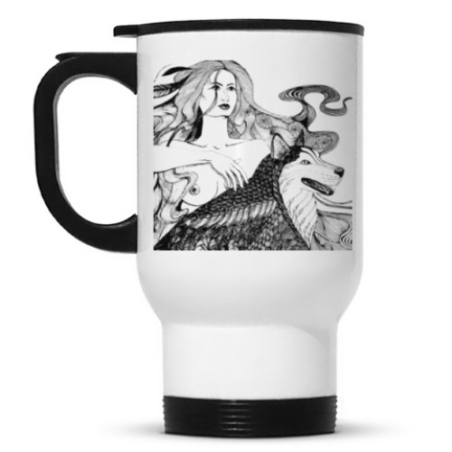 Кружка-термос с принтом Девушка и волк