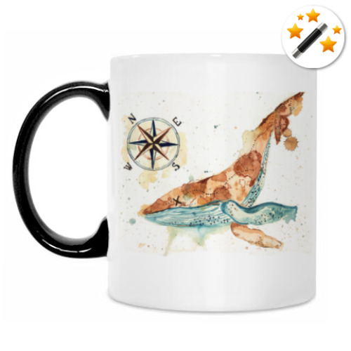 Кружка-хамелеон с принтом Кит с картой мира