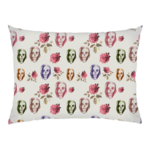 Подушка с принтом девушка и розы паттерн
