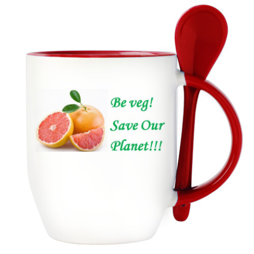 Кружка с ложкой с принтом Грейпфрут. Be veg!