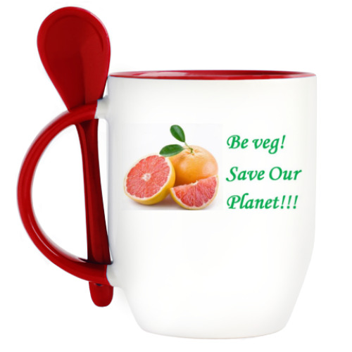 Кружка с ложкой с принтом Грейпфрут. Be veg!