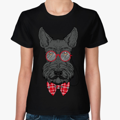 Женская футболка с принтом Скотчтерьер в пенсне