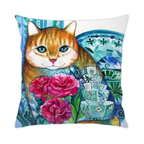 Подушка с принтом кот с пионами