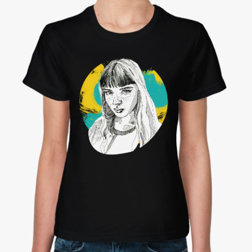 Женская футболка с принтом Взгляд с желто-голубыми красками