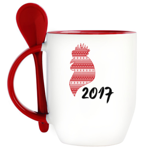 Кружка с ложкой с принтом Новогодний петух 2017